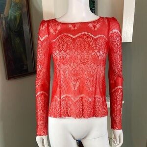NWOT Joe's Jeans Red Lace Sheer long sleeve zip top shirt Blouse XSmall romantic